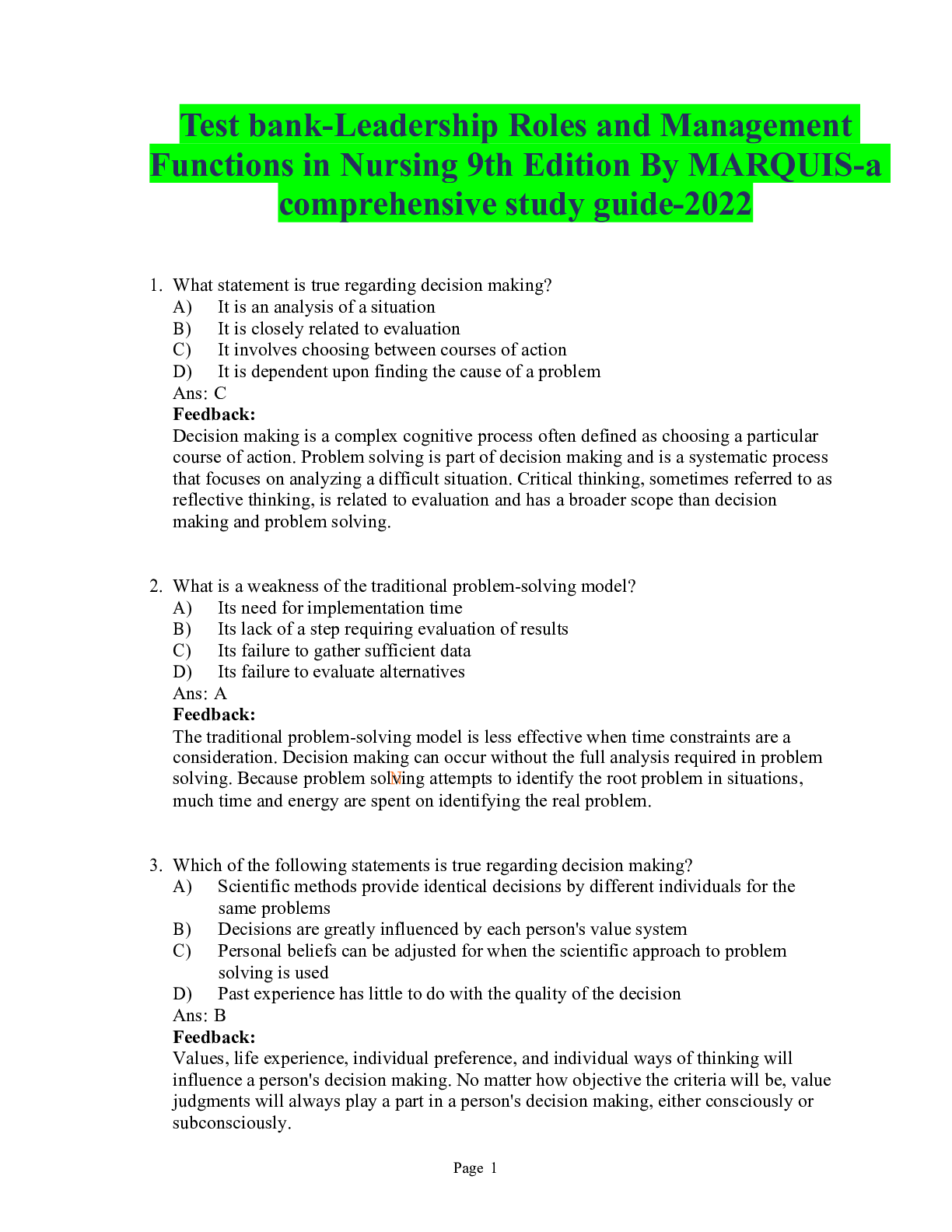 Preview of Test bank-Leadership Roles and Management Functions in Nursing 9th Edition By MARQUIS-a co